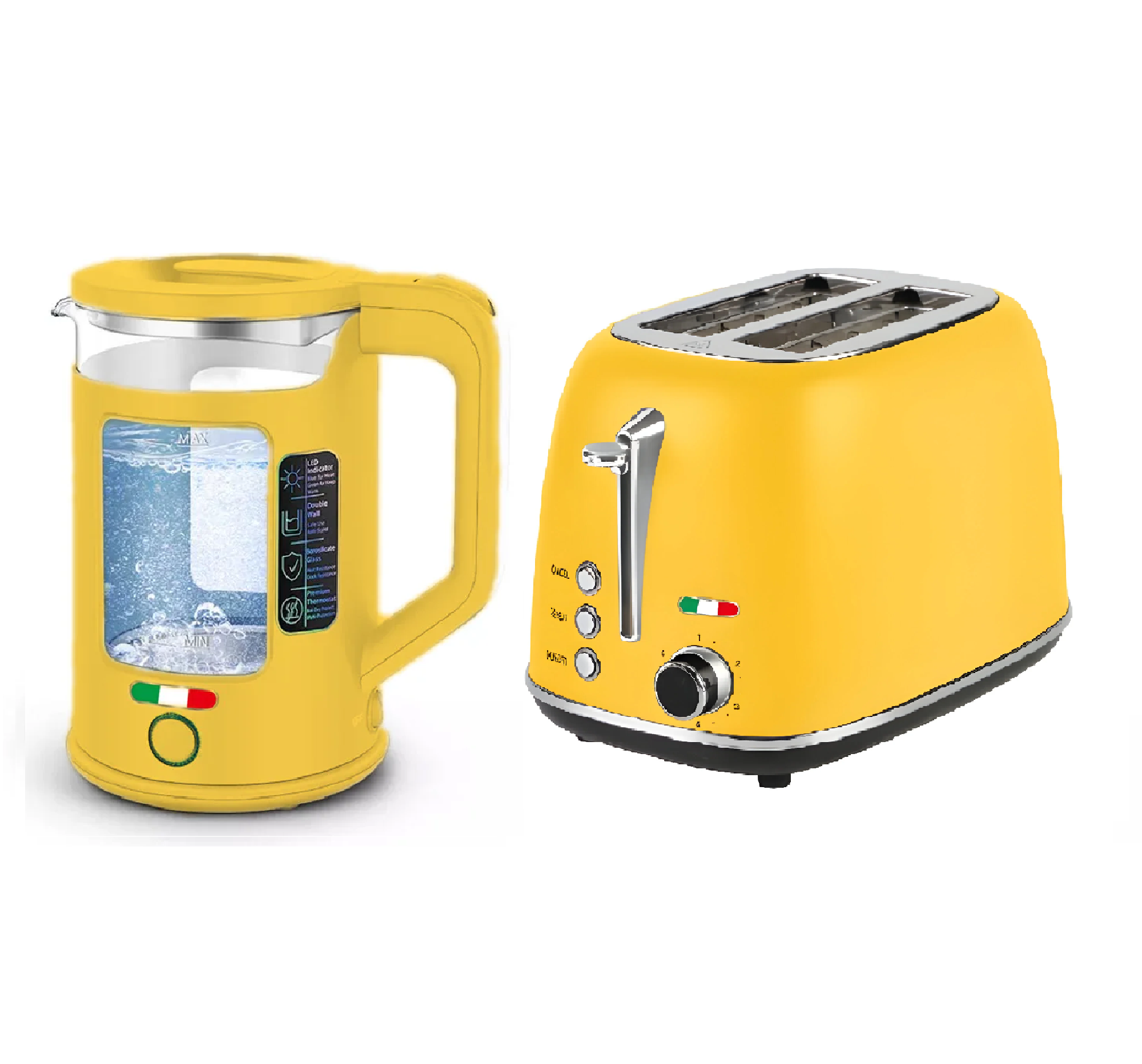 Vintage 2 Slice Toaster and 1.7L Glass Kettle Set - Yellow Modern Design - LED, Browning Control, Keep Warm - Chrome Trim - Stylish Kitchen Combo Vintage 2 Slice Toaster and 1.7L Glass Kettle Set - Yellow Modern Design - LED, Browning Control, Keep Warm - Chrome Trim - Stylish Kitchen Combo
